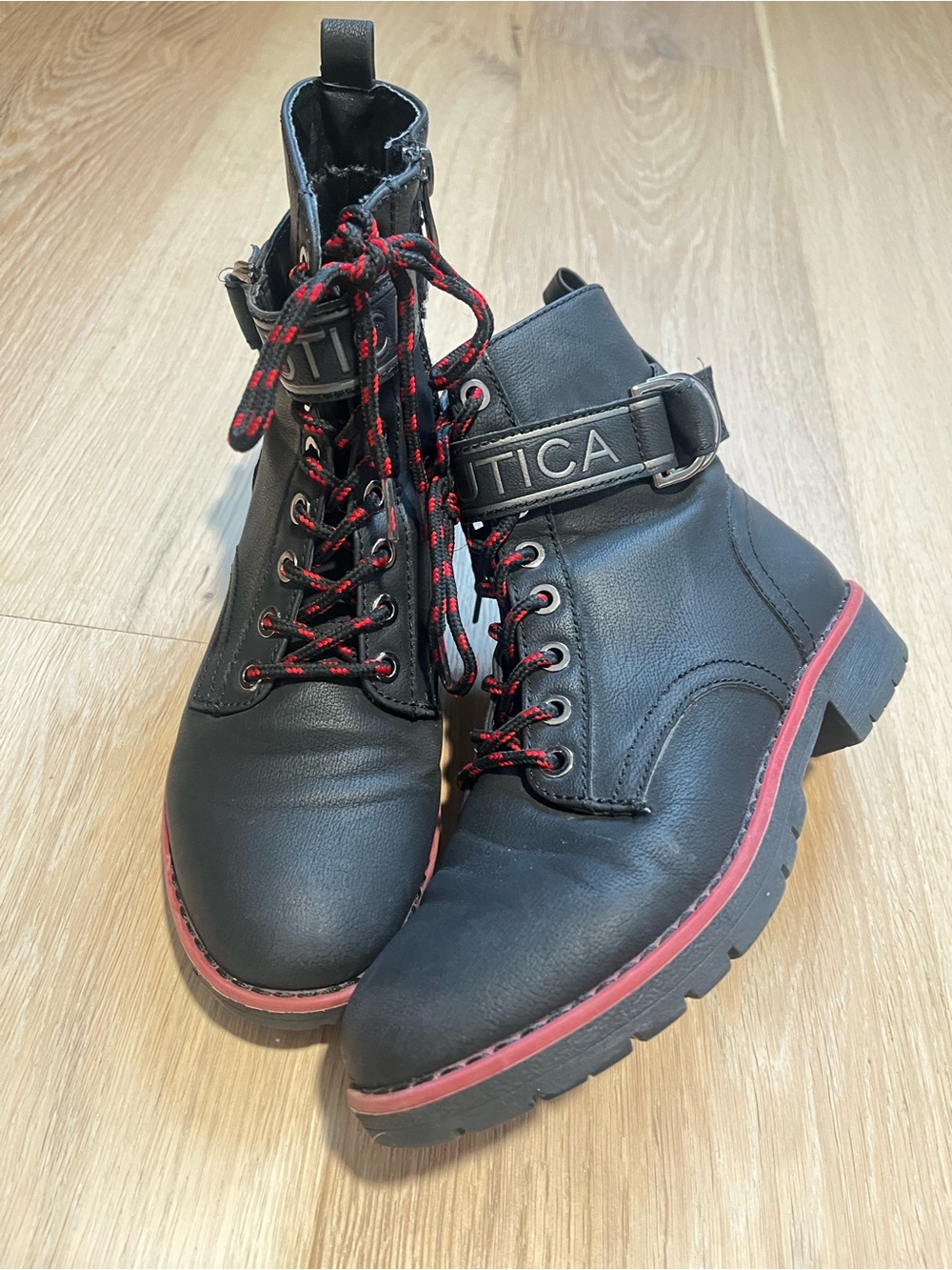 Nautica Acacia Women's Black Combat Style Hiking Boots with Red Lace Accents 5.5
